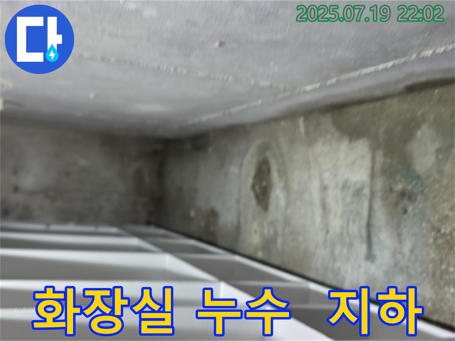 김포 마산동 상가 지하 화장실 누수 - 화장실 천장에서 누수가 발생하여 물이 떨어지는 모습