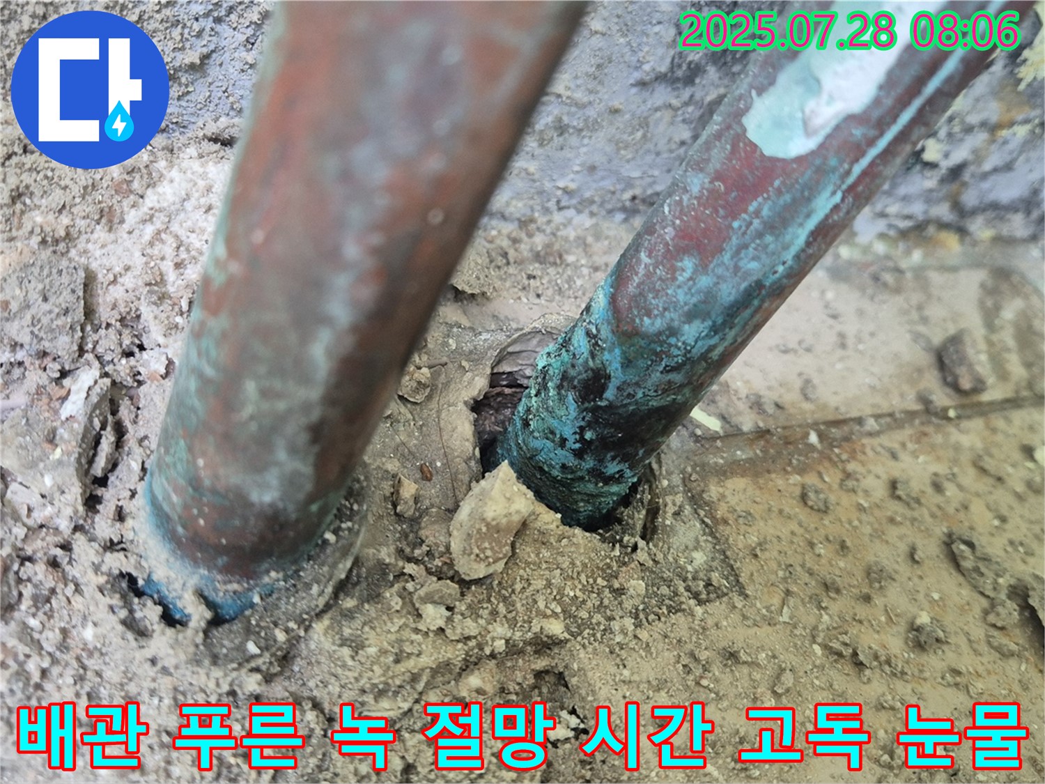 남양주 화도읍 두산아파트 누수 - 낡은 배관 표면의 푸른 녹은 깊은 절망과 멈춰진 시간 속의 고독한 침묵, 마지막 한숨과 멈춰버린 눈물을 나타내는 듯합니다.