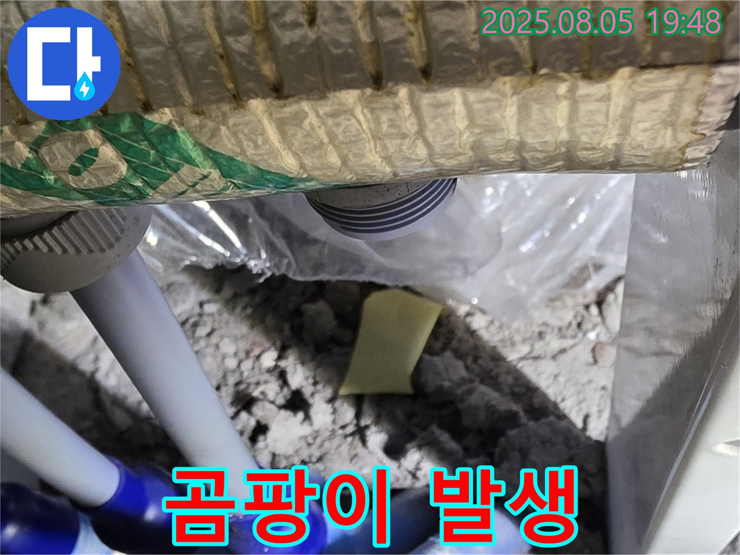 양주 삼숭동 자이아파트 누수 - 배관 주변 벽지의 젖음 정도에 따른 곰팡이 발생 상태 확인
