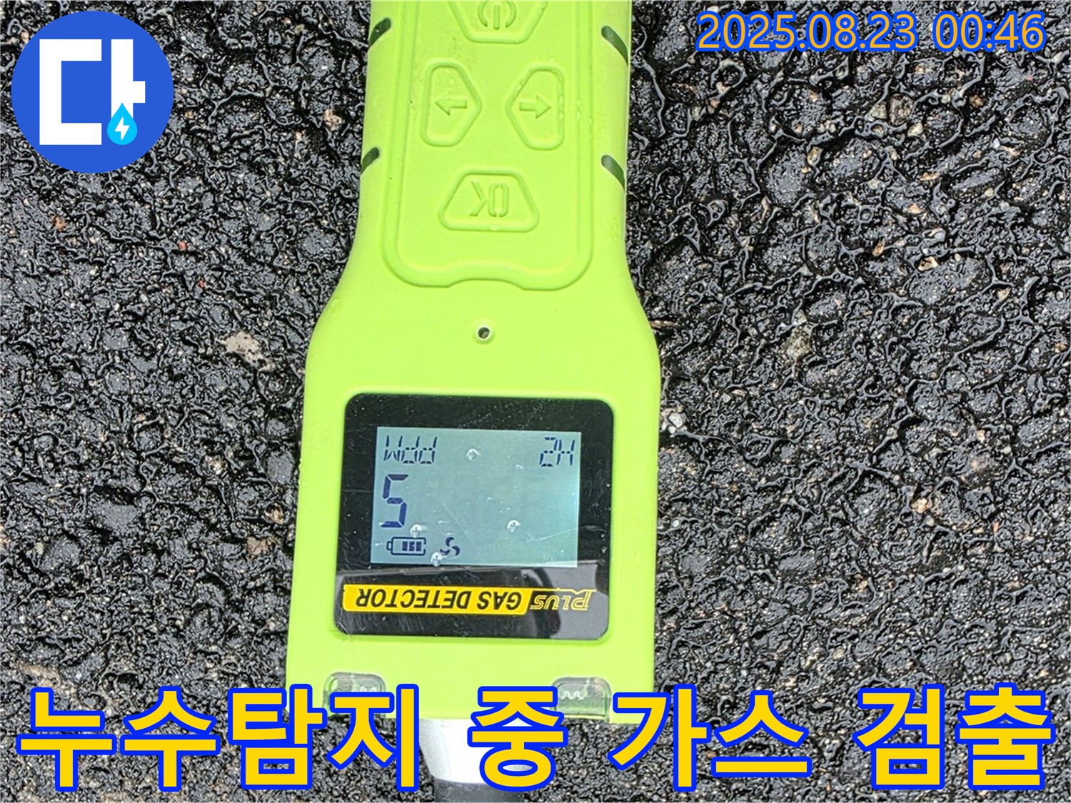 철원군 서면 와수리 누수탐지 현장에서 가스 검출기로 누수 위치를 탐색하는 모습 - 전문 장비를 활용한 정확한 누수 진단