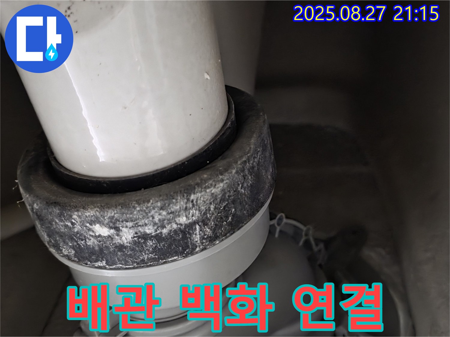 변기 하부 배관 연결 부위 백화 현상 심화 및 주변 습기 - 누수 가능성 매우 높음 및 배관 연결 상태 확인