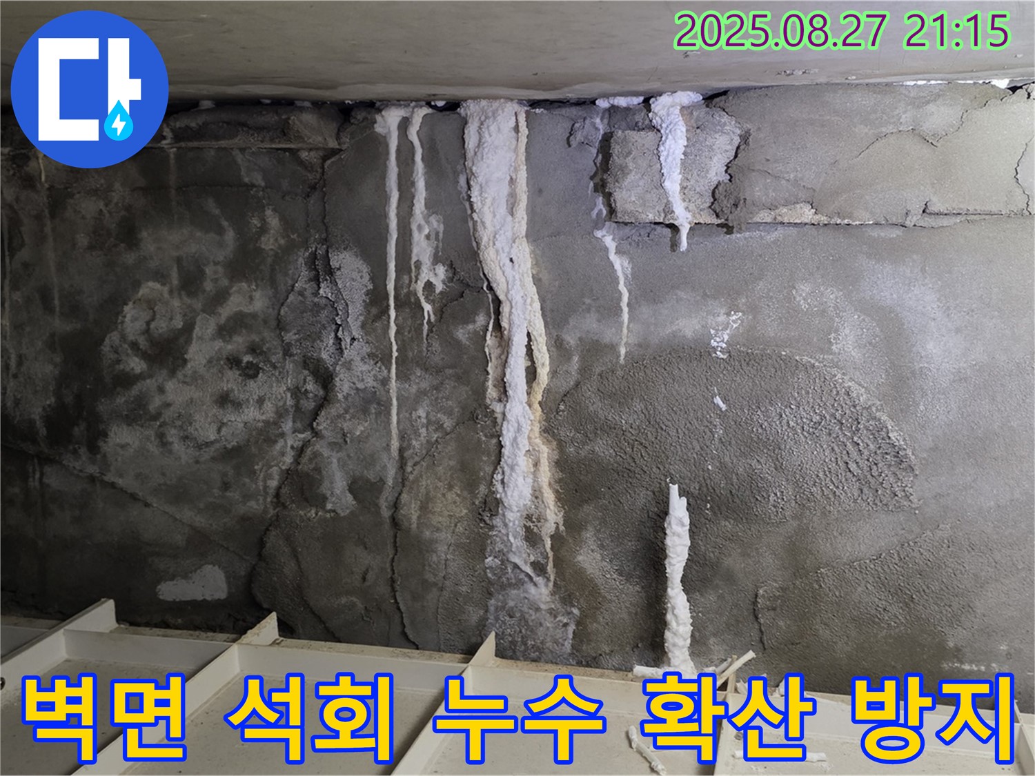 분당 운중동 산운로 121 지하 주차장 벽면 - 석회 누수 확산을 막기 위한 긴급 조치 및 보수 과정을 담았습니다.