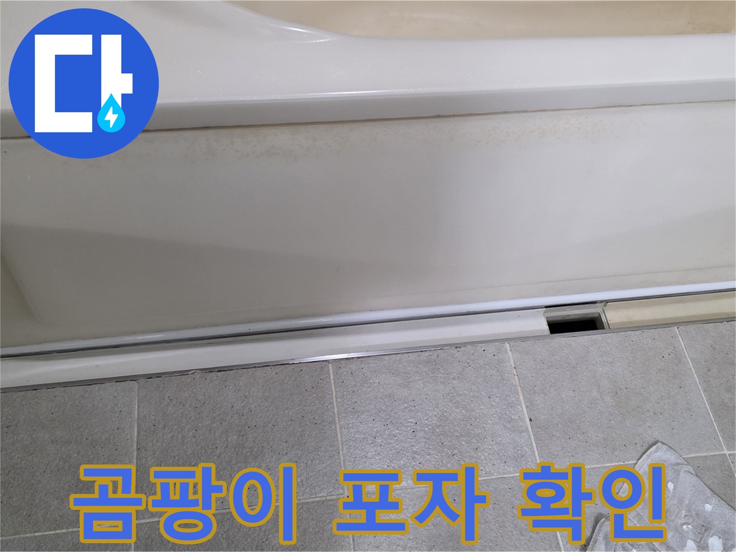 성남 분당 운중동에서 욕조 측면 하단 실리콘 오염 및 곰팡이 포자를 확인하는 모습입니다 - 곰팡이 포자는 누수의 증거입니다.