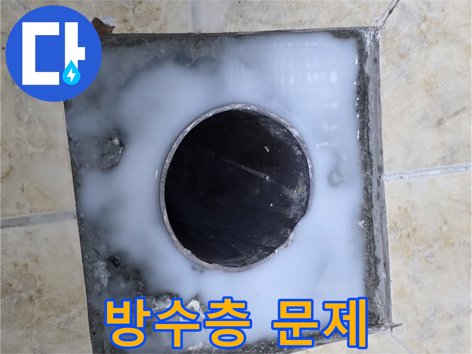 배수구 주변 방수 미흡 - 묵동 누수 현장에서 촬영한 욕실 방수 문제 의심 지점입니다.