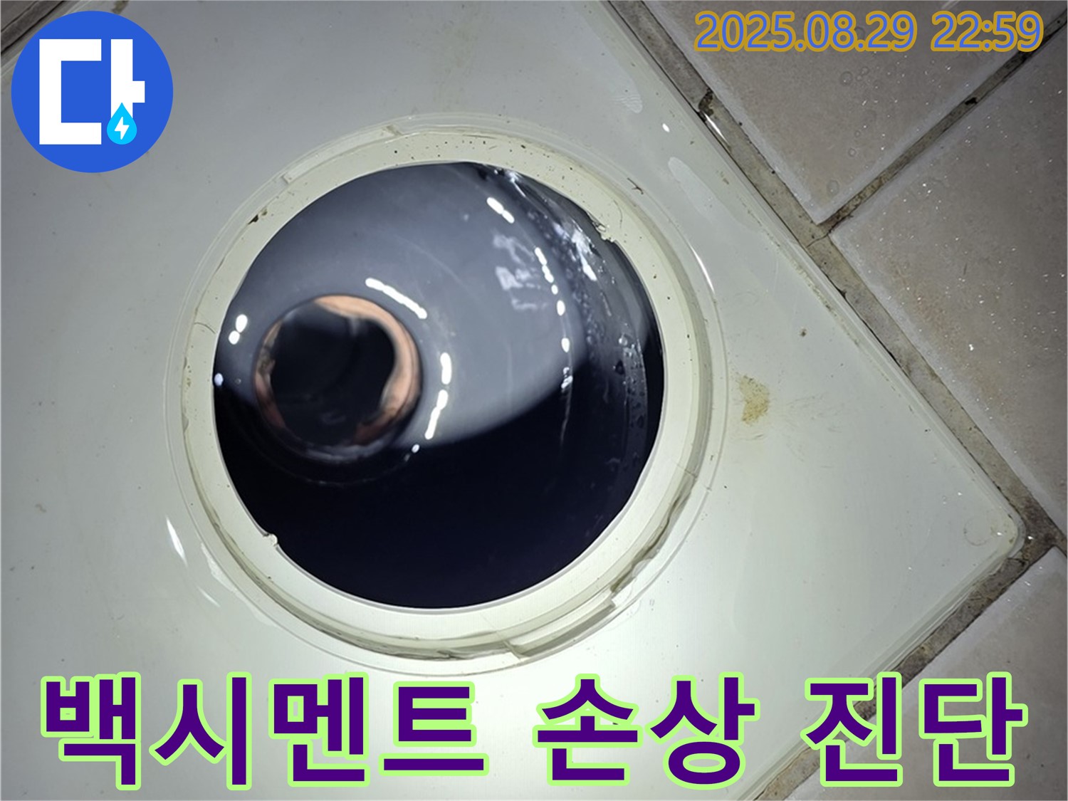 양주 백석 서광아파트 욕실 누수 - 하수구 주변 타일 틈새의 백시멘트 손상 여부를 확인하여 누수 진행 여부를 진단합니다.