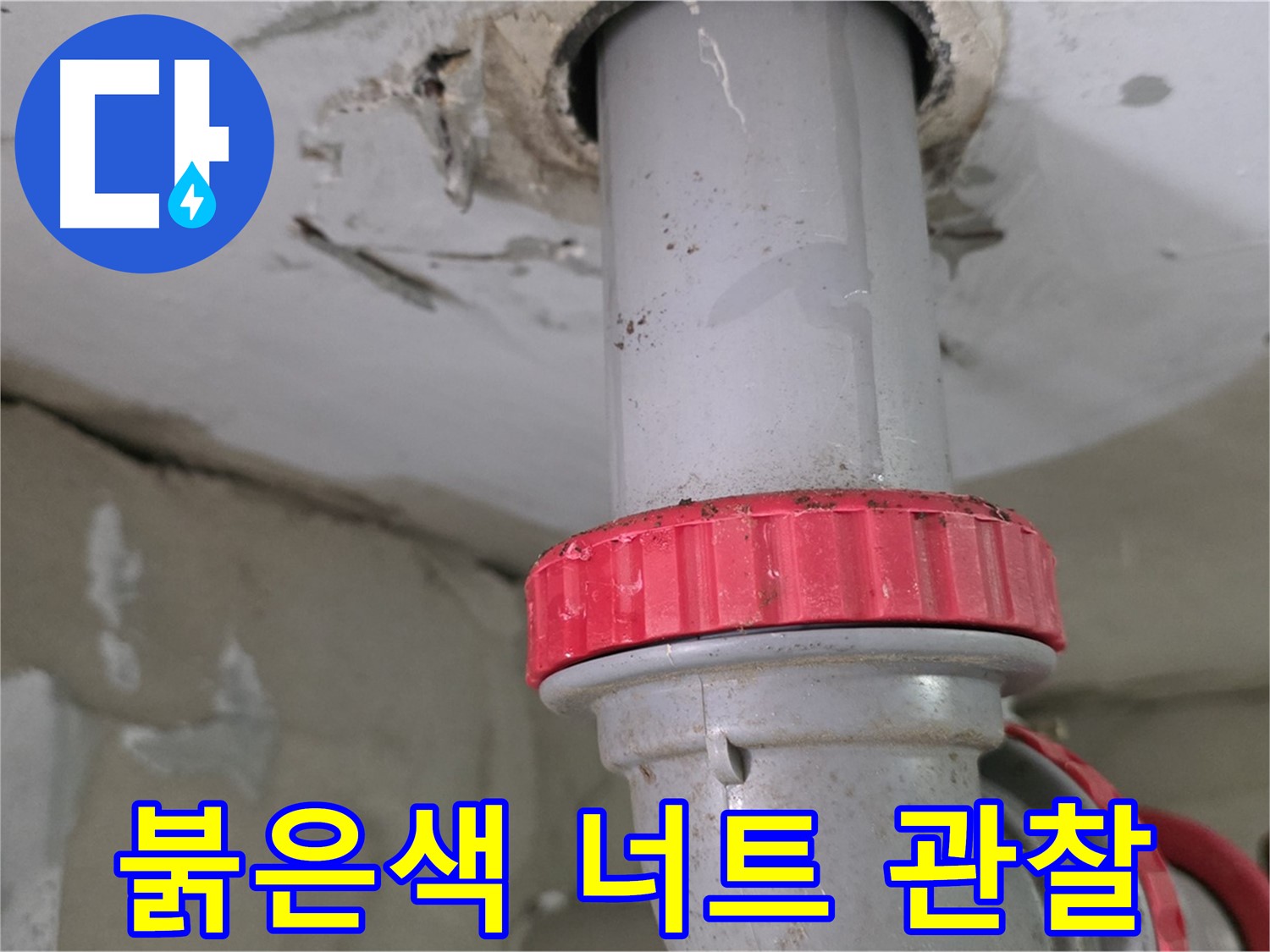 양주 서광아침의빛아파트 104동 32층 욕실 하수 배관 누수 점검 - 붉은색 잠금 너트 주변 물기 꼼꼼히 관찰