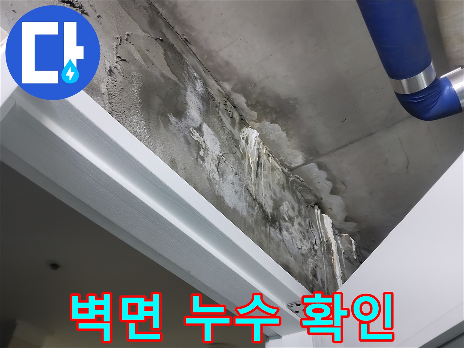 벽면 누수 확인 - 누수가 발생한 욕실 옆 벽면 부위를 자세히 보여주는 사진입니다.