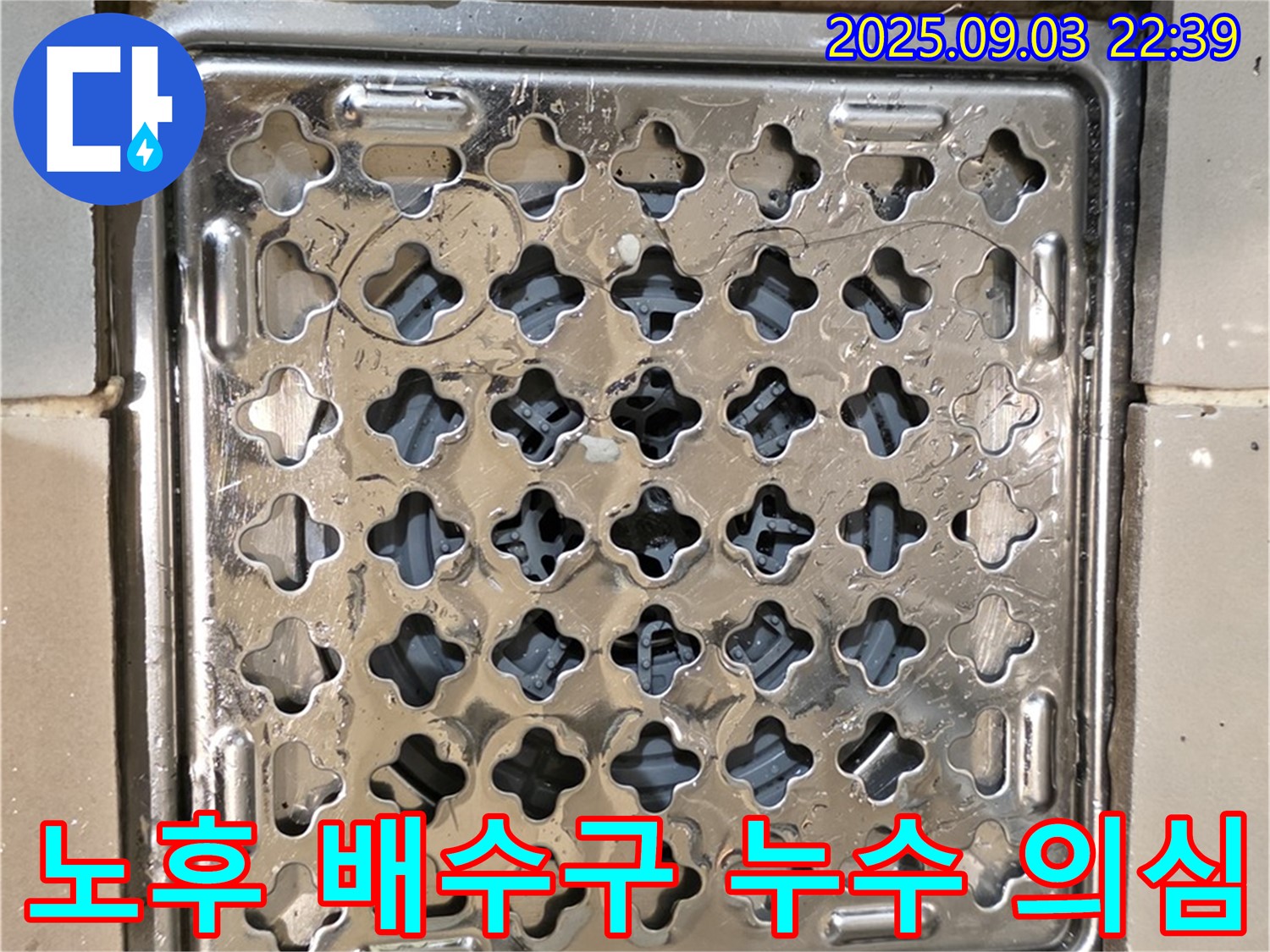 용산구 한강로2가 상가 화장실 - 노후된 배수구와 깨진 메지 사이로 누수 발생 가능성