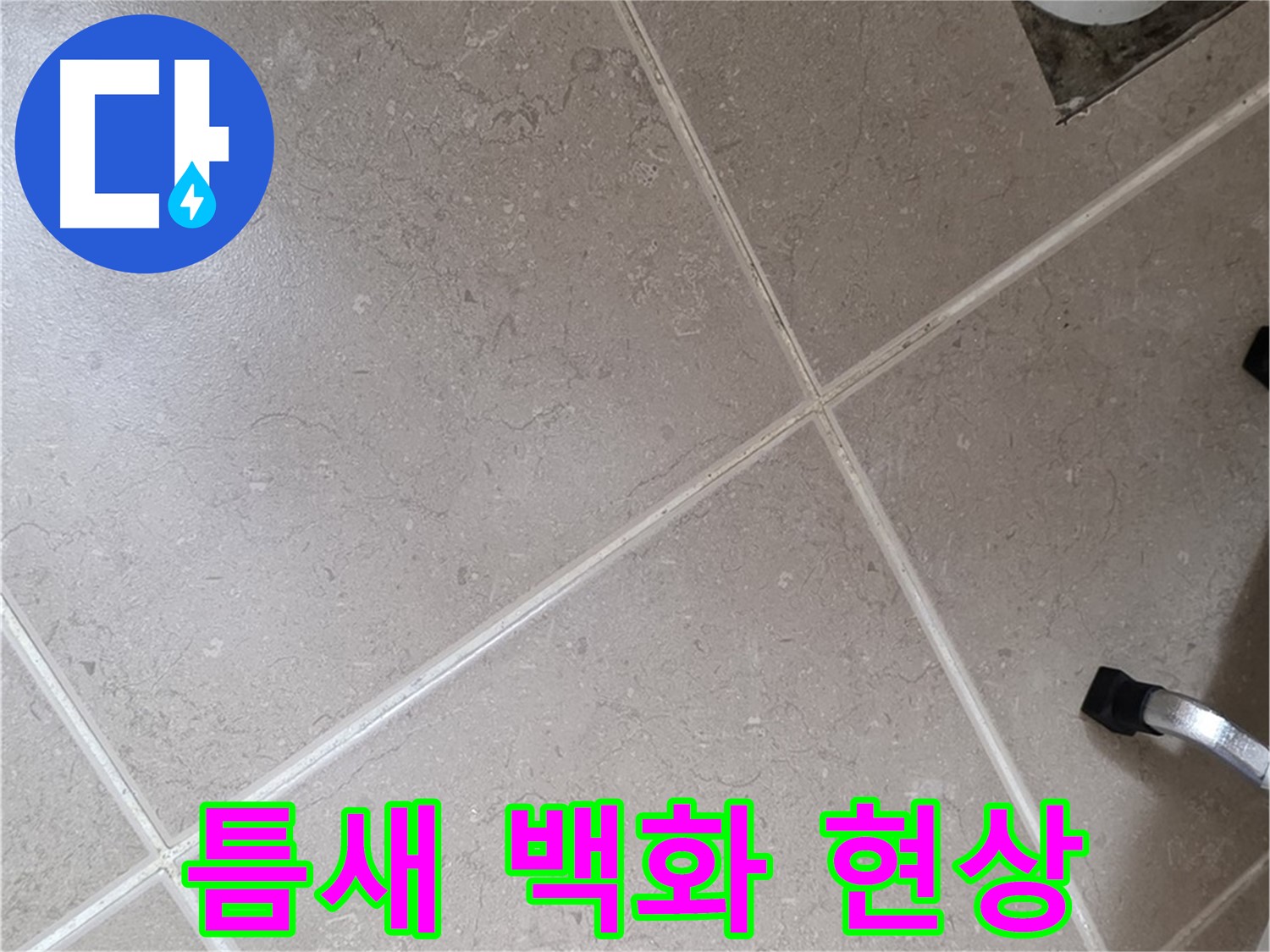 포천시 일동면 운악청계로 욕실 배수구 주변 타일 틈새 백화 현상 - 물이 증발하면서 생긴 자국일 수 있습니다.