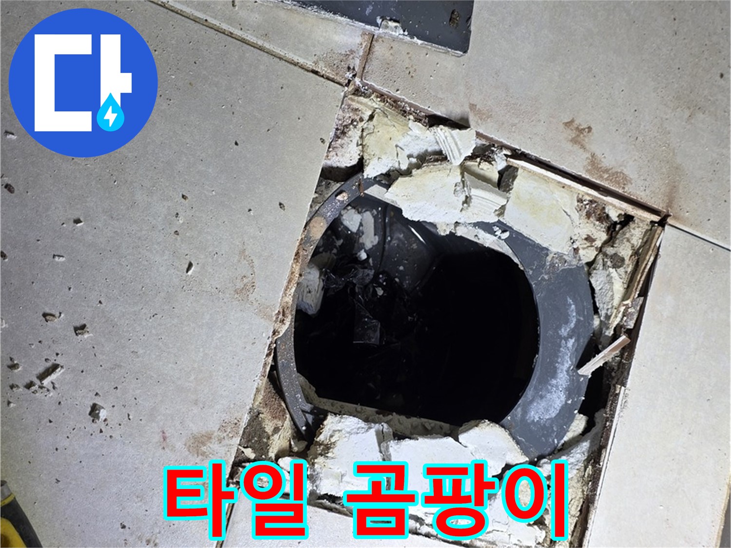 양주 옥정동 욕실 누수 - 율정마을13단지 배수구 주변 깨진 타일 조각과 곰팡이의 흔적