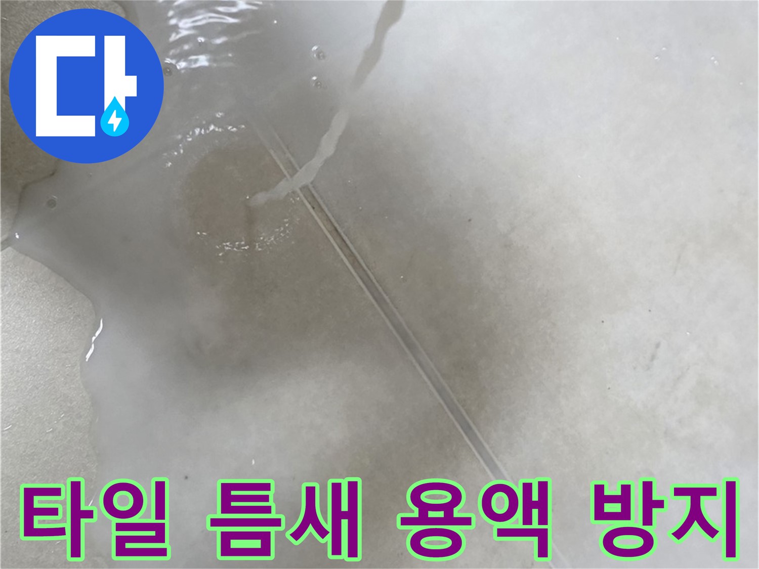 옥정동 율정마을 13단지 아파트 누수 - 특수 용액으로 타일 틈새 누수 재발을 방지하는 꼼꼼한 시공 모습입니다.