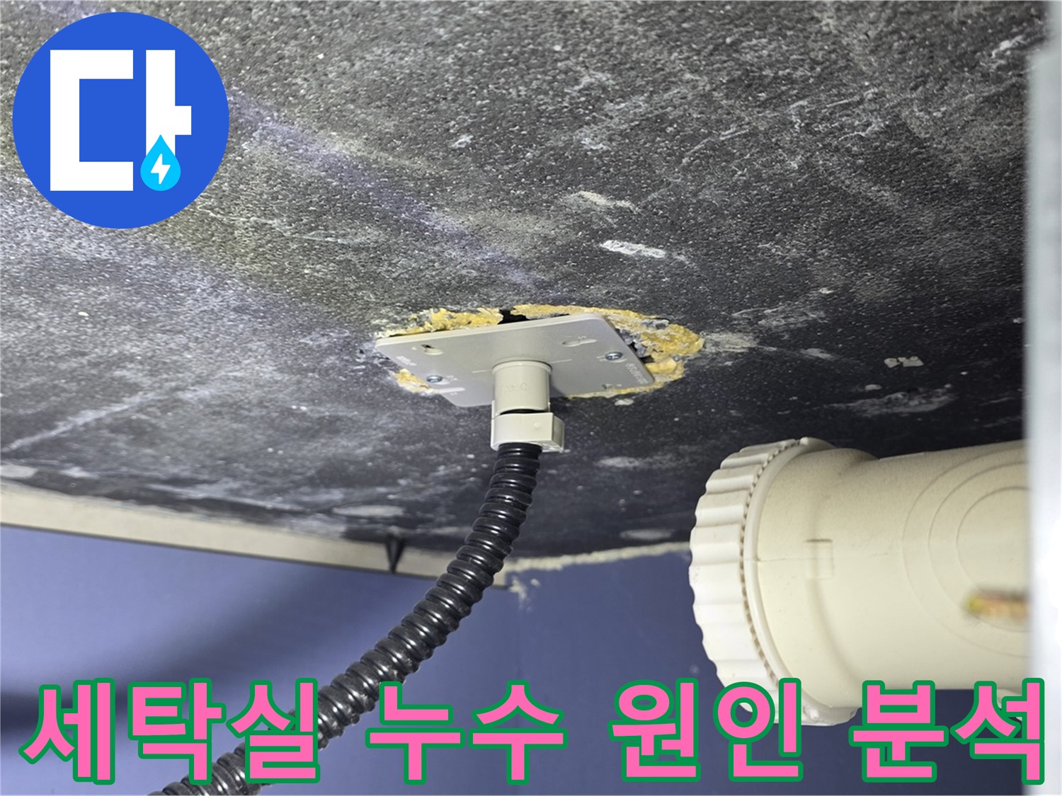 운정어반프라임 세탁실 누수 - 세탁실 누수 원인을 분석하기 위해 배수관 연결부를 점검하는 모습