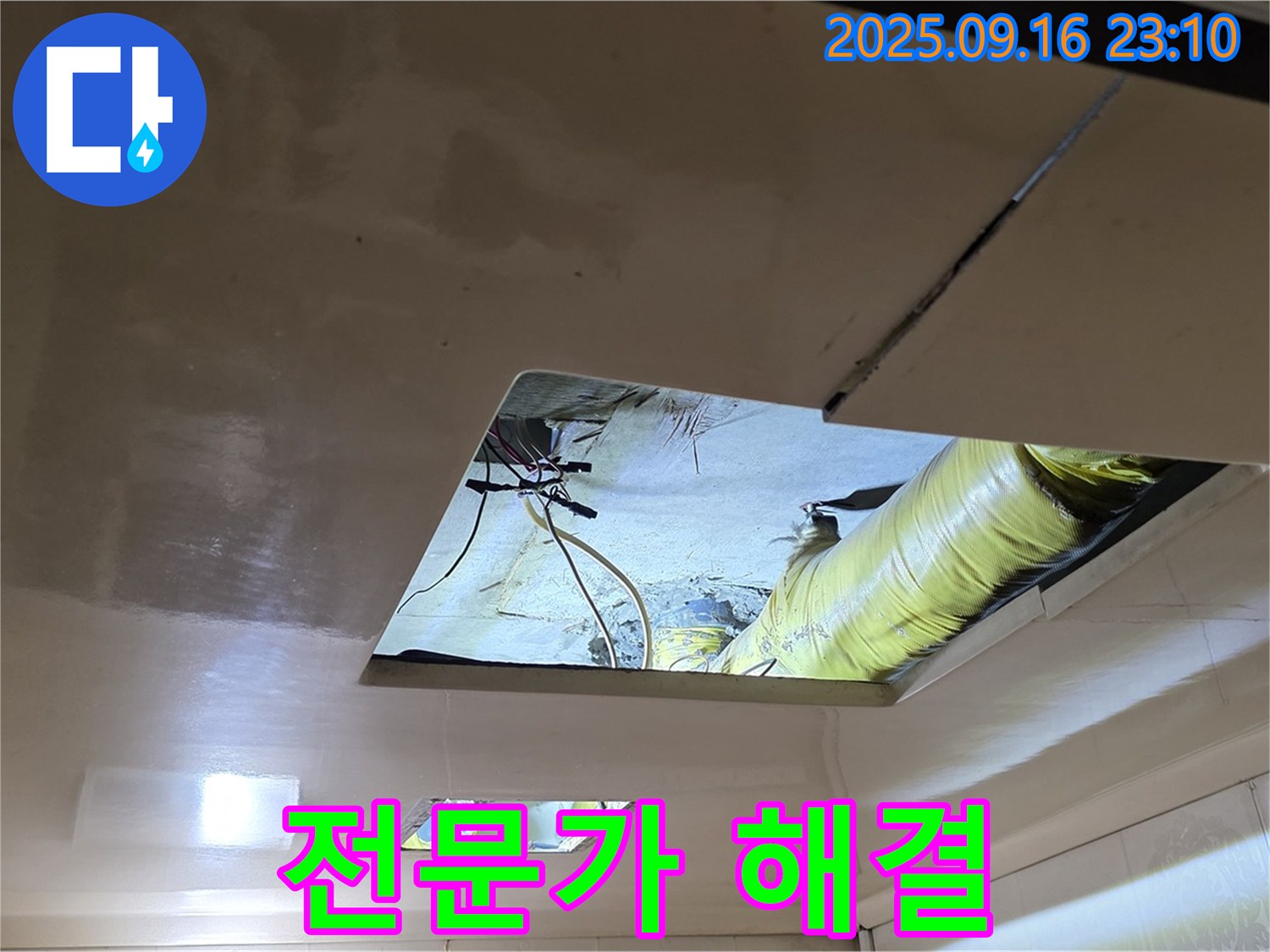 천장 속 점검 - 천장 속에서 누수 해결 전문가가 기술력을 발휘하고 있습니다.