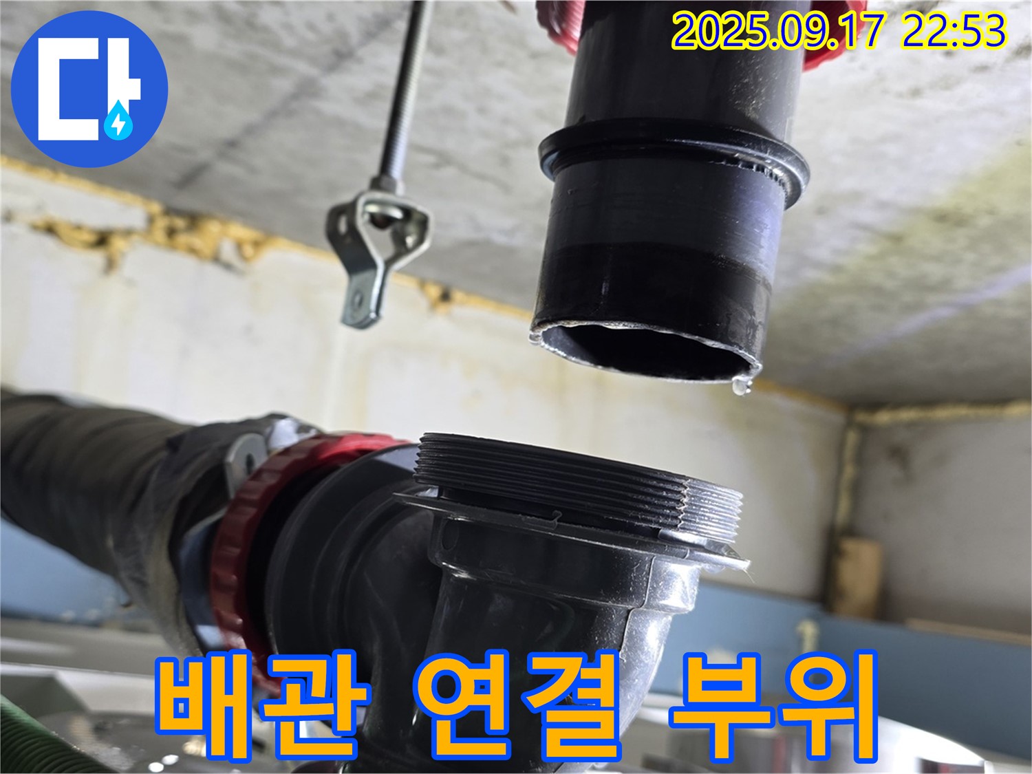 싱크대 배수구 배관 연결 부위 확인 - 누수 발생 가능성이 높은 배관 연결 부위를 집중적으로 확인하고 있습니다.