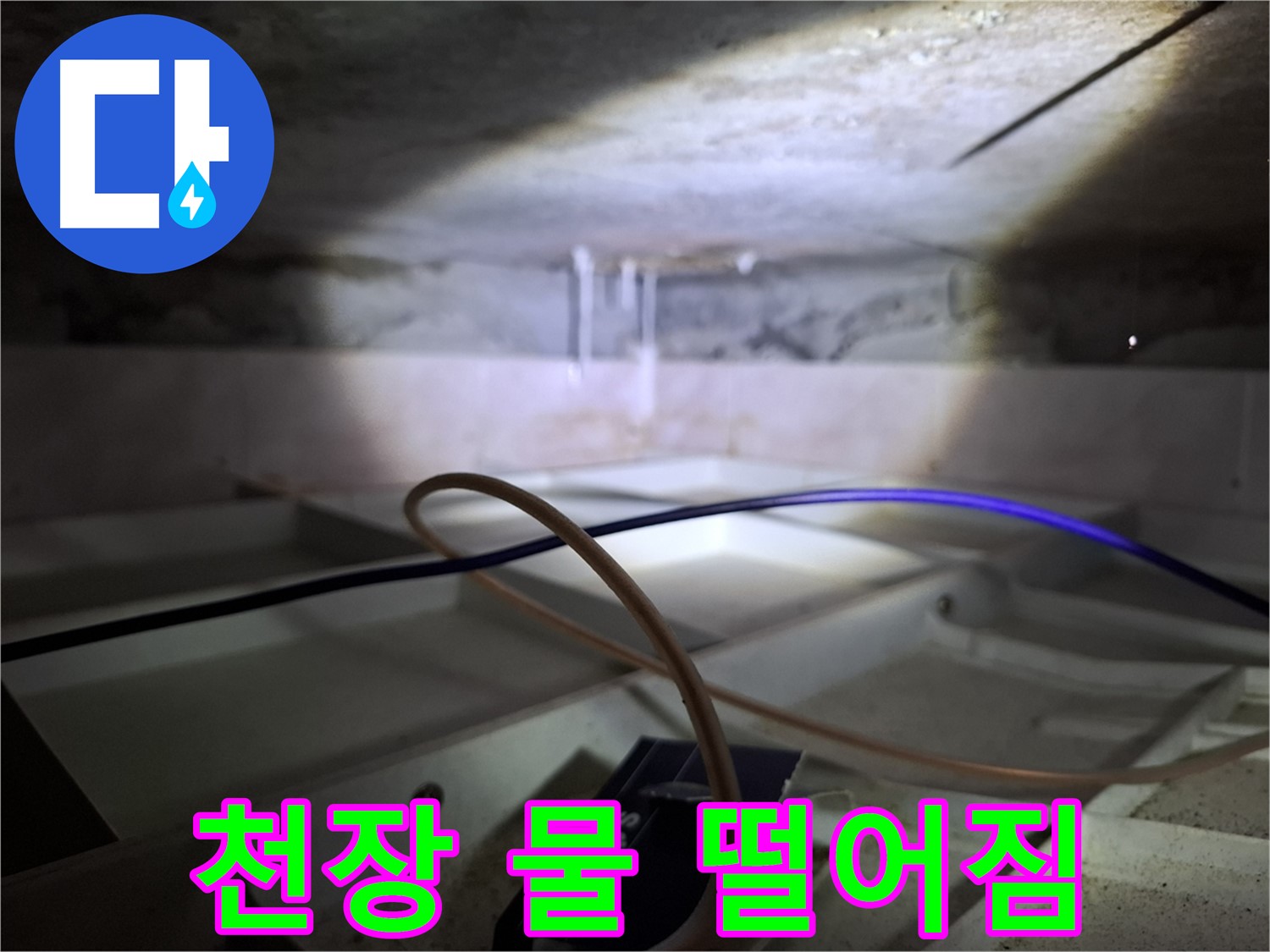 홍은동 빌라 천장 누수 - 천장에서 물이 떨어지는 상황을 보여주는 사진입니다.