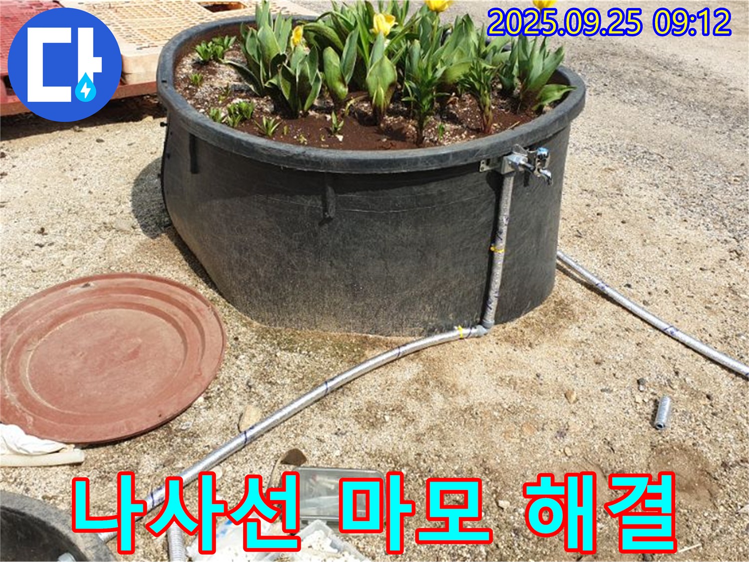 양주 백석읍 복지리 화단 물탱크 누수 - 나사선 마모로 인한 급수 배관 연결 부위 누수를 정밀 진단 후 해결하는 모습입니다.