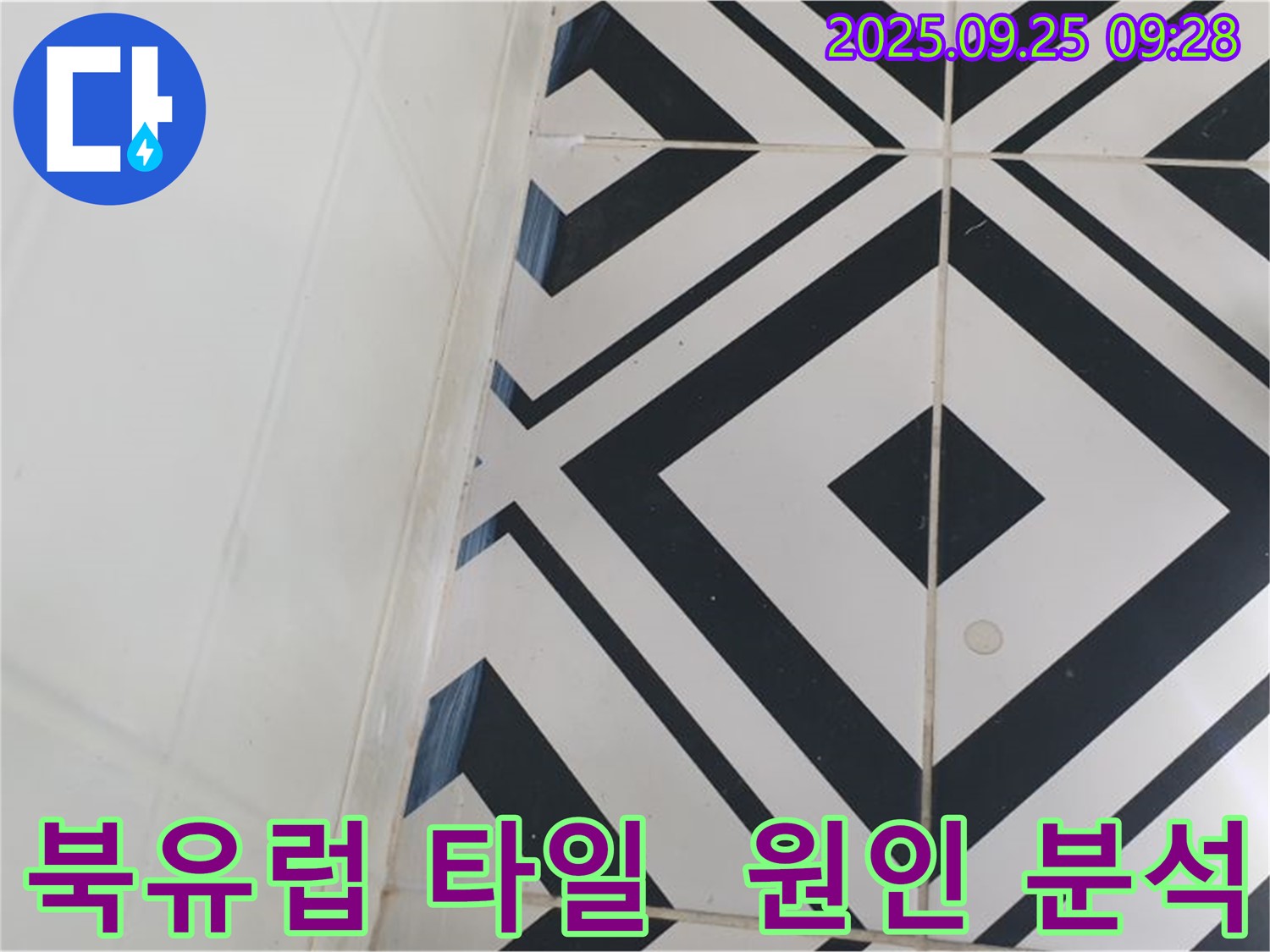 양주시 백석읍 오산리에서 북유럽 스타일 타일의 누수 원인을 분석하는 모습입니다 - 화려한 패턴 속 숨겨진 누수 원인을 찾아냅니다.