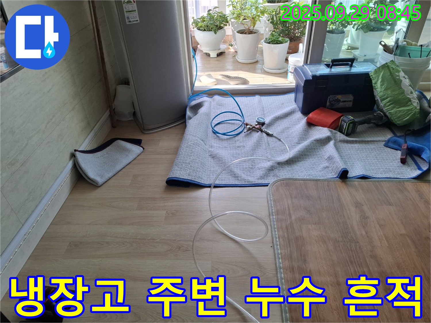 광적면 누수탐지 현장 - 냉장고 주변 누수 흔적을 발견하고 필요한 조치를 취하는 과정