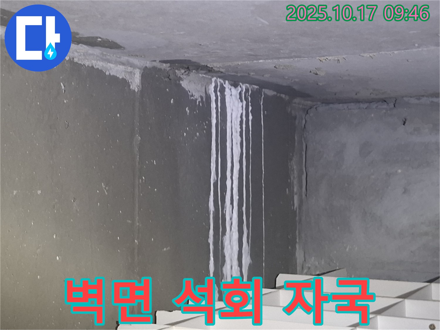 성남시 분당구 삼평동 봇들마을2단지 아파트 계단실 벽면 누수 - 벽면에 선명하게 남은 석회 자국은 누수의 흔적을 보여줍니다.