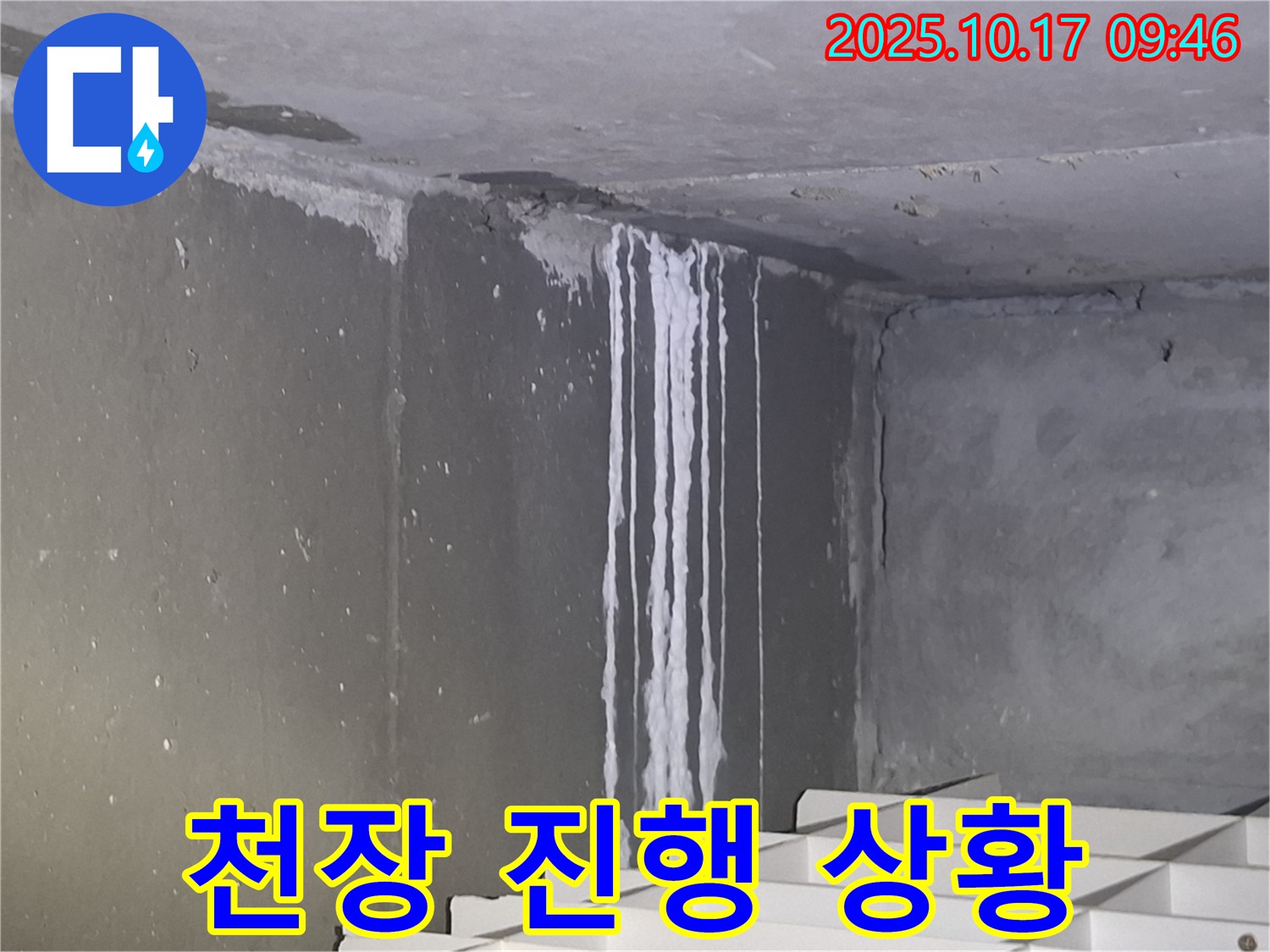 성남시 분당구 삼평동 봇들마을2단지 아파트 계단실 천장 누수 - 누수 진행 상황을 파악하기 위해 천장을 꼼꼼히 점검하고 있습니다.