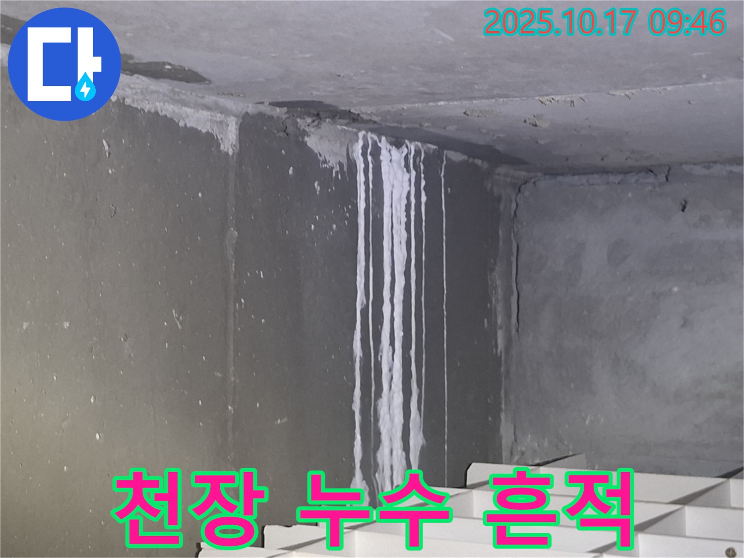 성남시 분당구 삼평동 봇들마을2단지 아파트에서 발견된 천장 누수 흔적 - 천장을 따라 흐르는 석회 성분이 누수의 심각성을 보여줍니다.