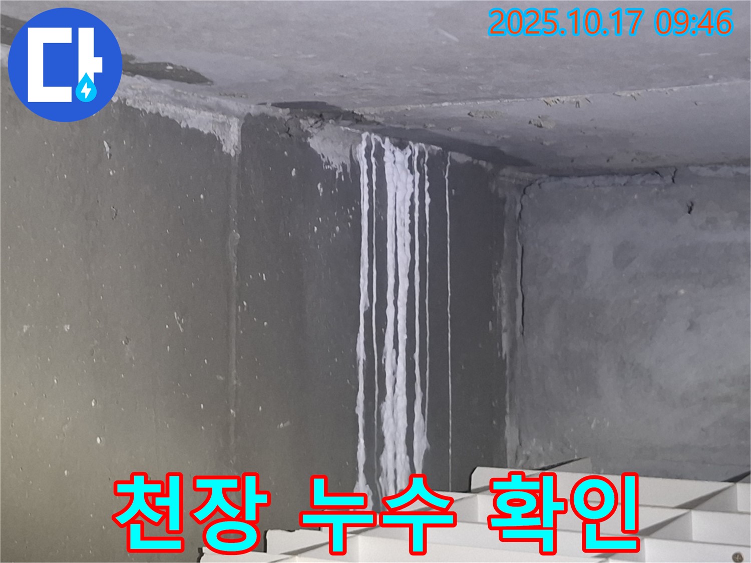 성남시 분당구 삼평동 봇들마을2단지 아파트에서 천장 누수 흔적 확인 - 천장의 석회 자국이 누수의 오랜 진행을 나타냅니다.