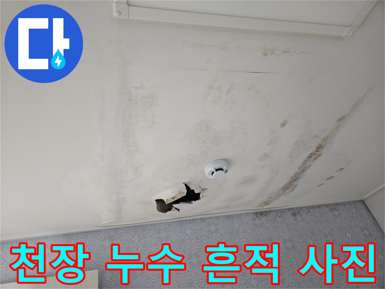 천호동 강동리버스타운 아파트 천장 누수 - 천장에 물이 떨어진 흔적이 선명하게 보이는 사진 - 빠른 점검과 공사가 필요합니다