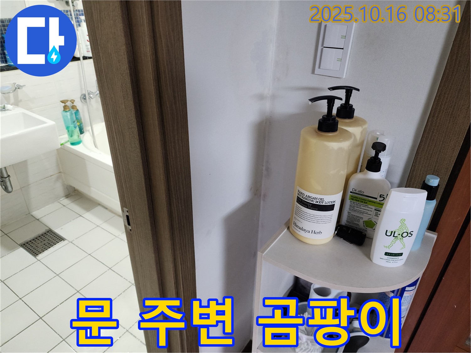 양주 남면 경신리 욕실 누수 - 문 주변 곰팡이와 페인트 손상, 누수 의심
