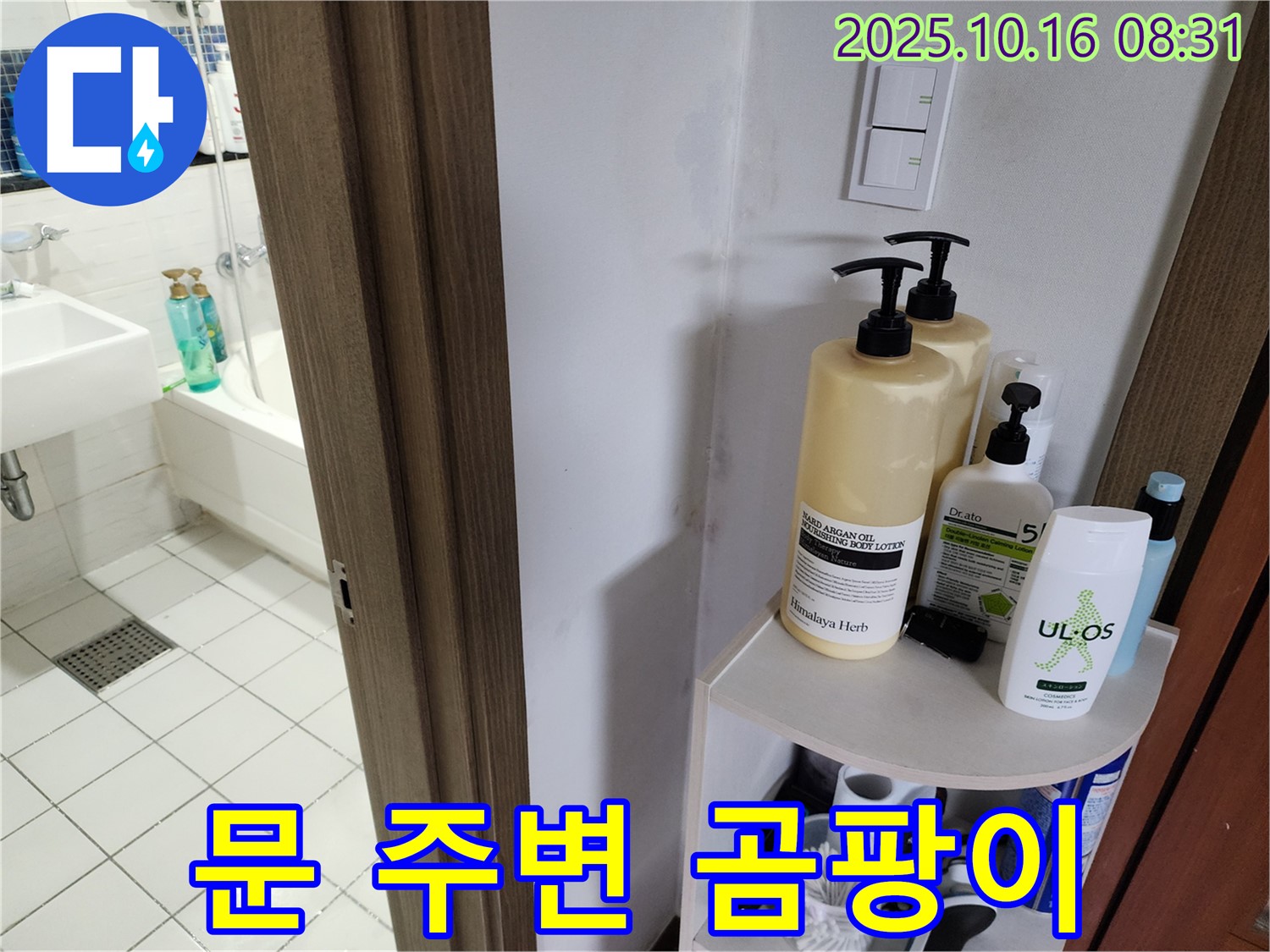 양주 남면 경신리 욕실 누수 - 문 주변 곰팡이와 페인트 손상, 누수 의심