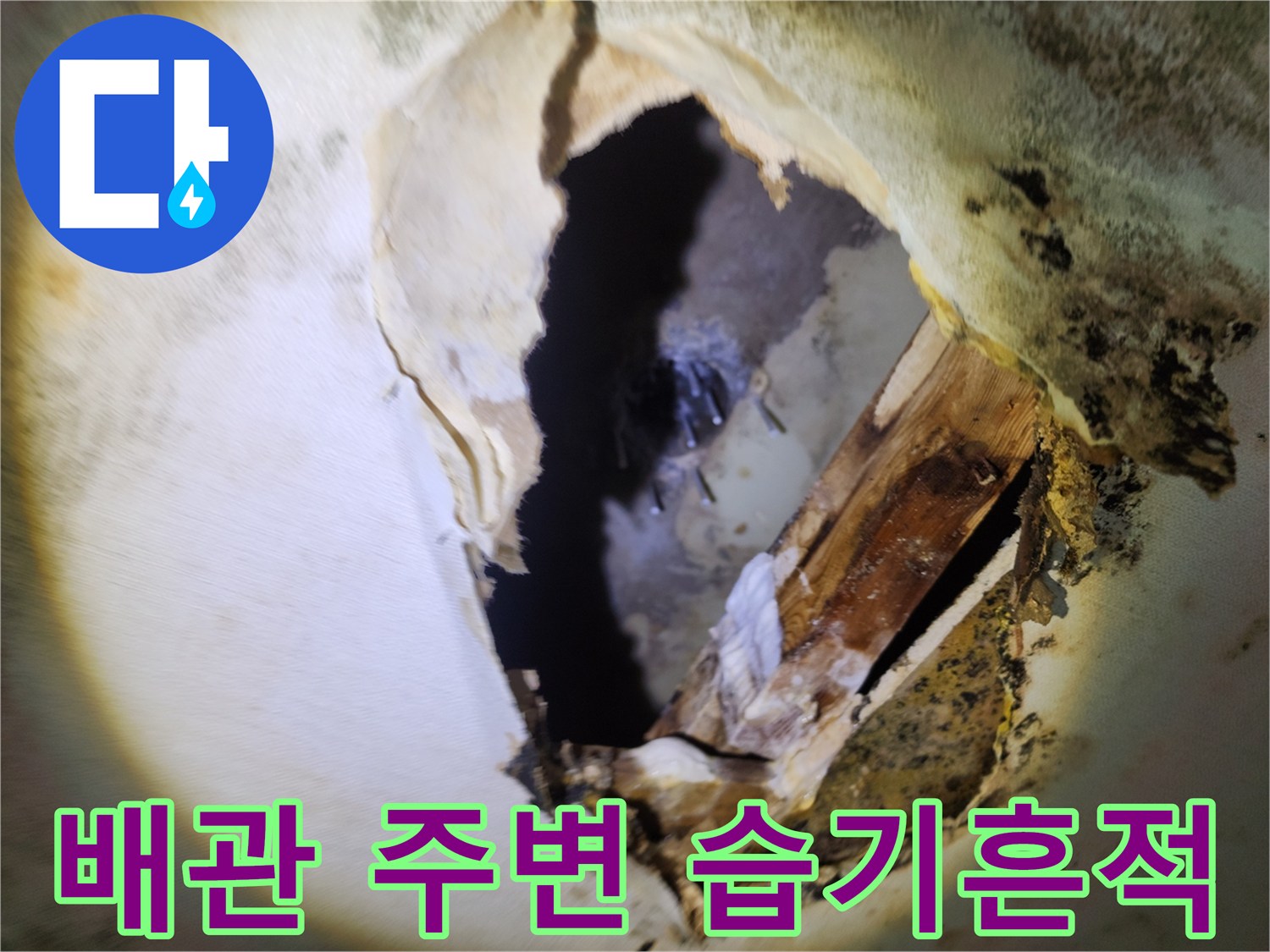 천장 절개 후 드러난 배관 연결 부위의 오염 상태