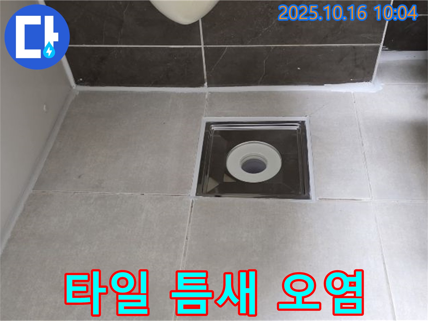 양주 옥정동 율정마을 아파트 욕실 배수구 주변 타일 틈새 오염으로 인한 누수 발생 - 오염된 틈새 청소 및 방수 작업으로 누수를 해결했습니다.