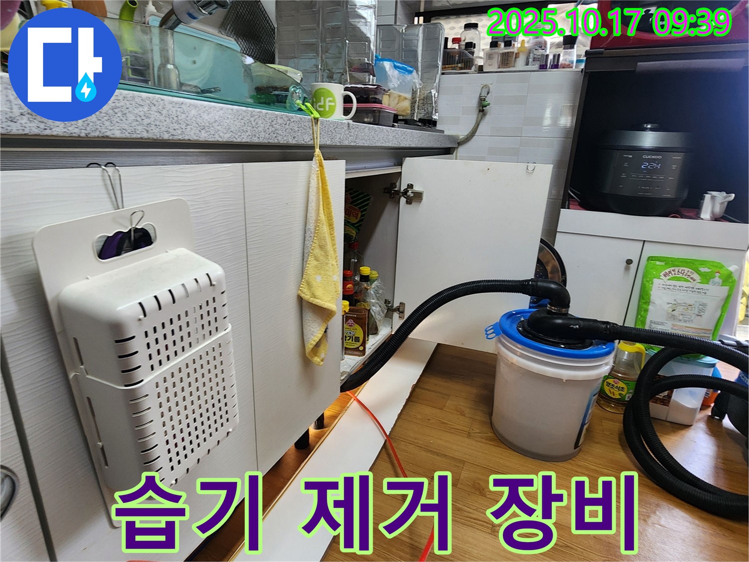양주시 남면 한산리 주택 싱크대 하부 습기 제거 - 전문 장비를 사용하여 꼼꼼하게 습기를 제거하는 모습입니다.