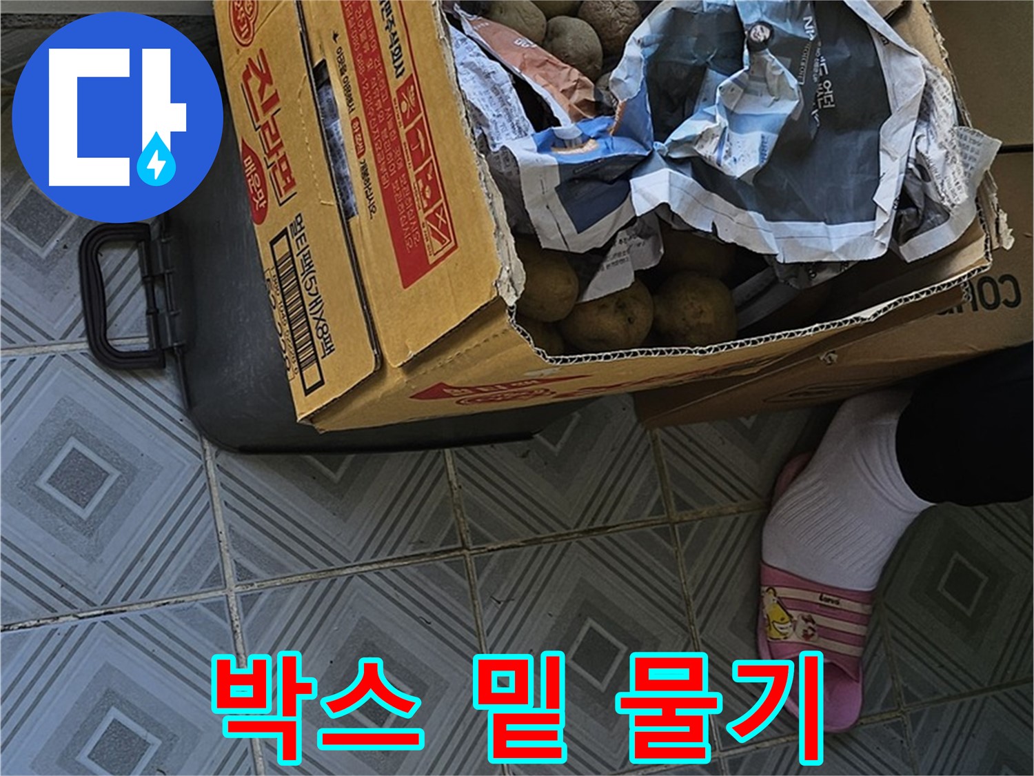 양천구 오목로 엘리시안 누수 현장 - 감자 박스 밑에 물기가 있다면 누수의 흔적일 수 있습니다 - 원인 파악이 중요합니다.