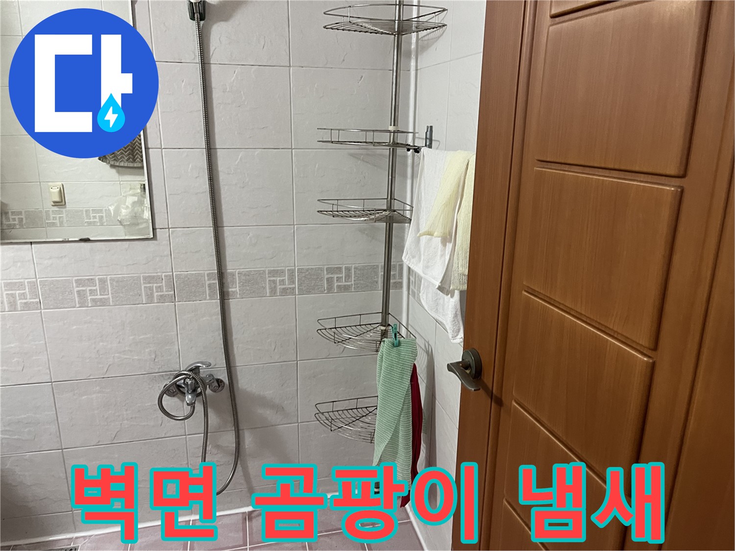샤워기 옆 코너 선반 - 뒤쪽 벽면 습기 - 곰팡이 냄새 - 누수