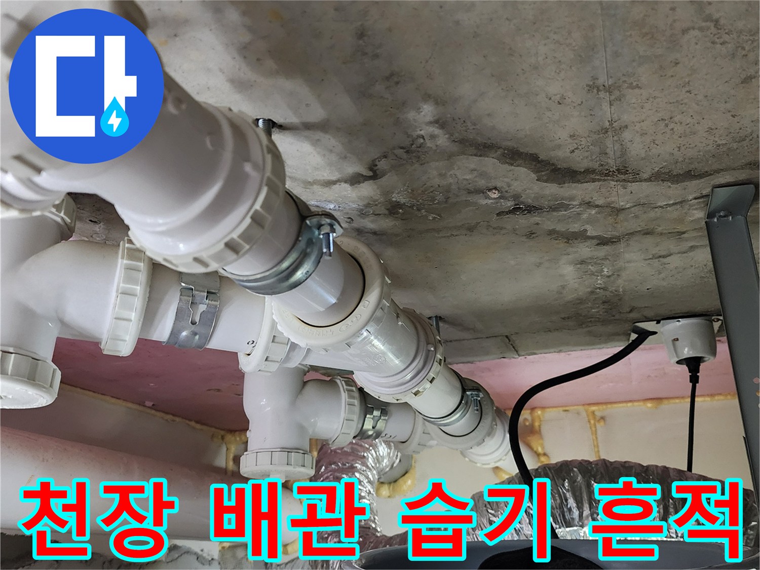습기가 스며든 천장 콘크리트와 흰색 PVC 배관의 모습