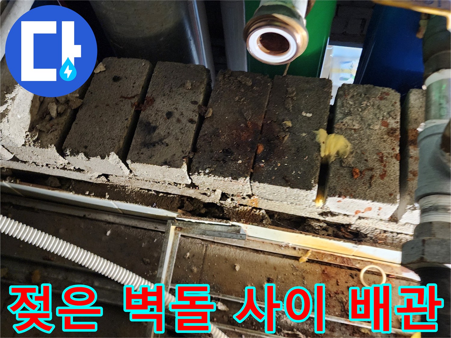 배관 주변의 젖은 벽돌과 습기 침투 흔적을 찍은 사진입니다.