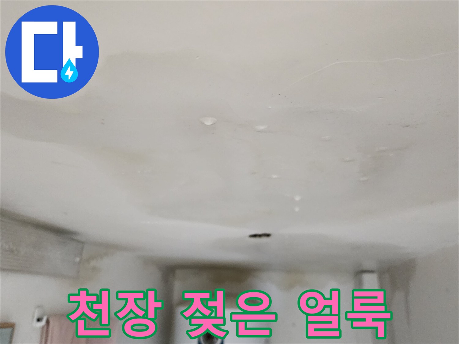 주방 천장-넓게 퍼진 습기와 젖어있는 마감재 상태