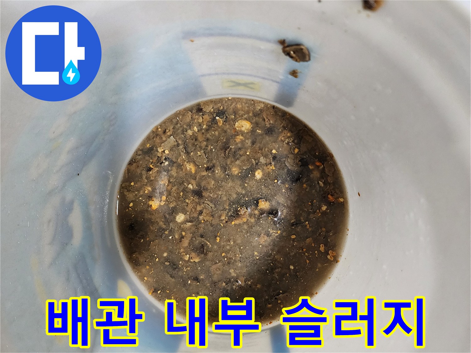 욕실 배관 내부에 쌓인 이물질과 오염된 물 상태를 보여주는 사진입니다.
