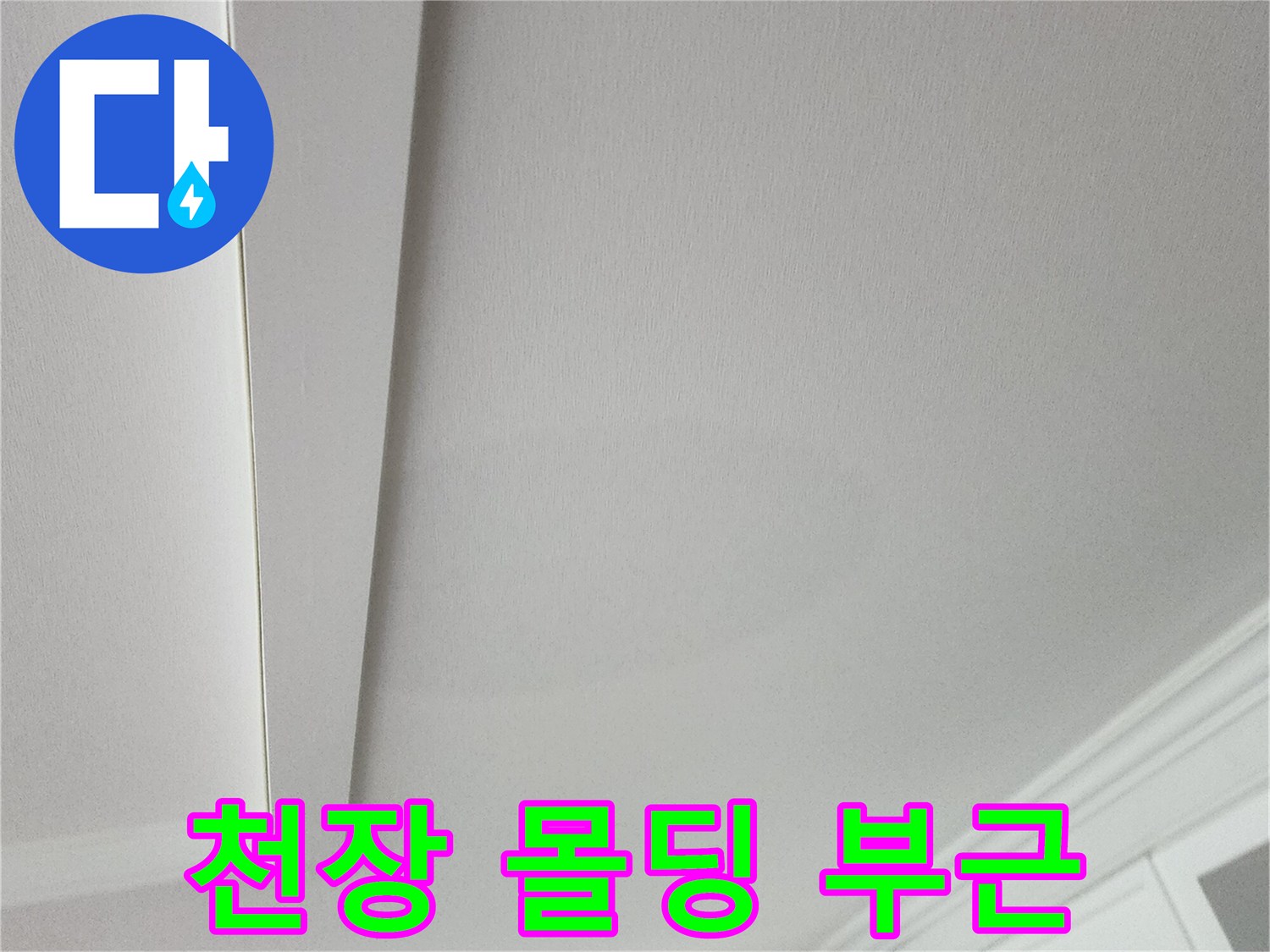 하얀색 천장 몰딩과 벽지가 만나는 경계 지점의 클로즈업 사진입니다.