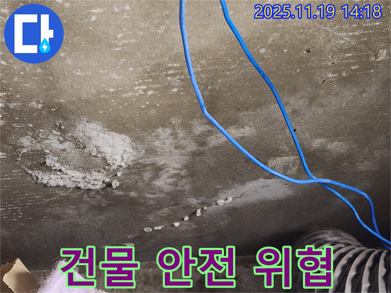 콘크리트 천장 누수로 인한 건물 안전 위협 사진 - 백화 현상으로 인해 손상된 콘크리트 천장 모습을 보여줍니다.