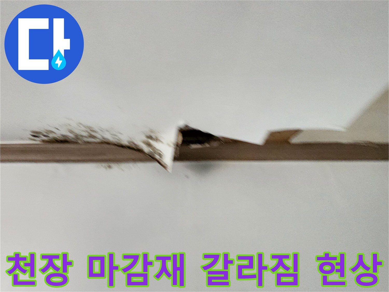누수로 인해 찢어지고 벌어진 천장 벽지 상세 사진