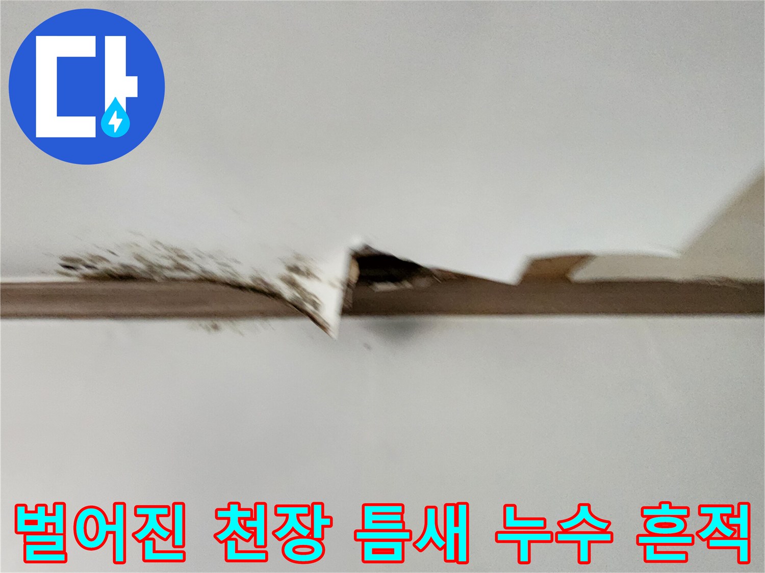 천장 마감재 사이 벌어진 틈으로 보이는 물에 젖은 자국과 변색된 부위