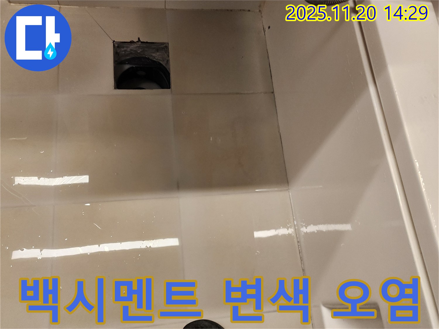 가산면 마산리 욕실 배수구 누수 - 백시멘트 변색 및 타일 틈새 오염으로 인한 누수 위험 진단