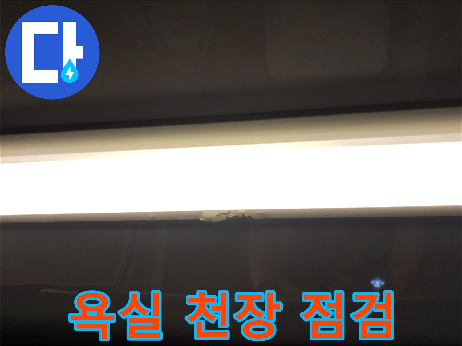 욕실 천장 조명 부근의 습기 확인-배관 누수 점검 중