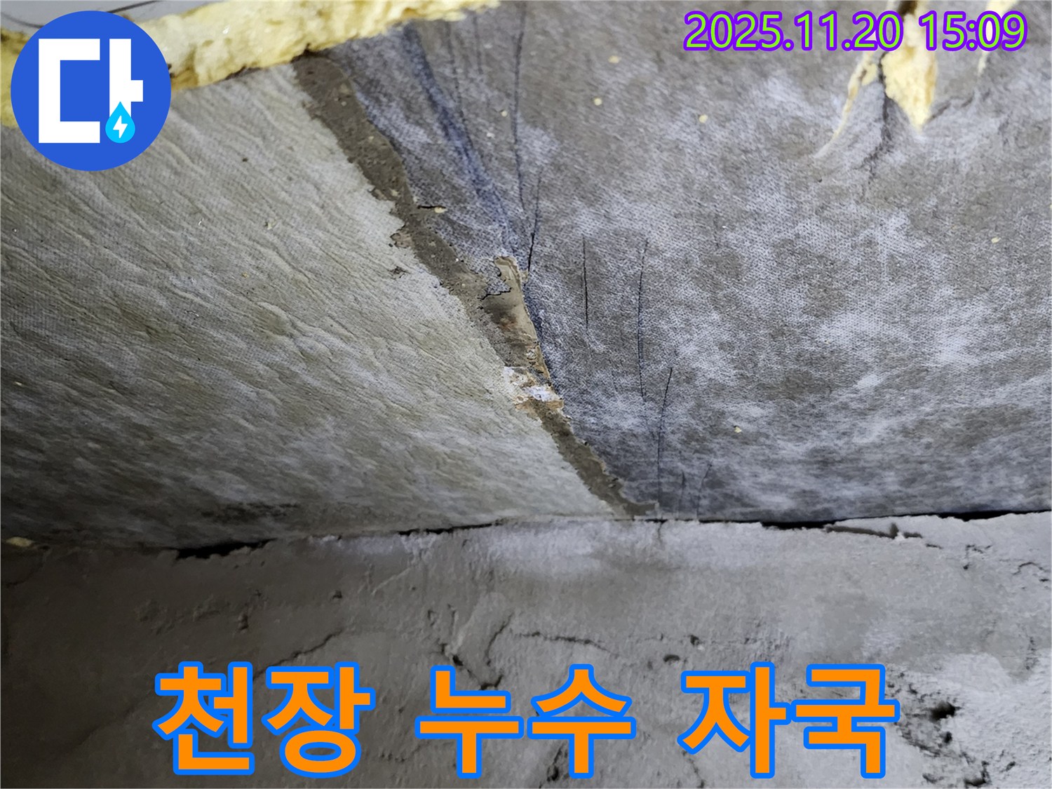 천장 누수 자국 - 누수로 인해 발생한 천장 누수 자국 사진입니다.
