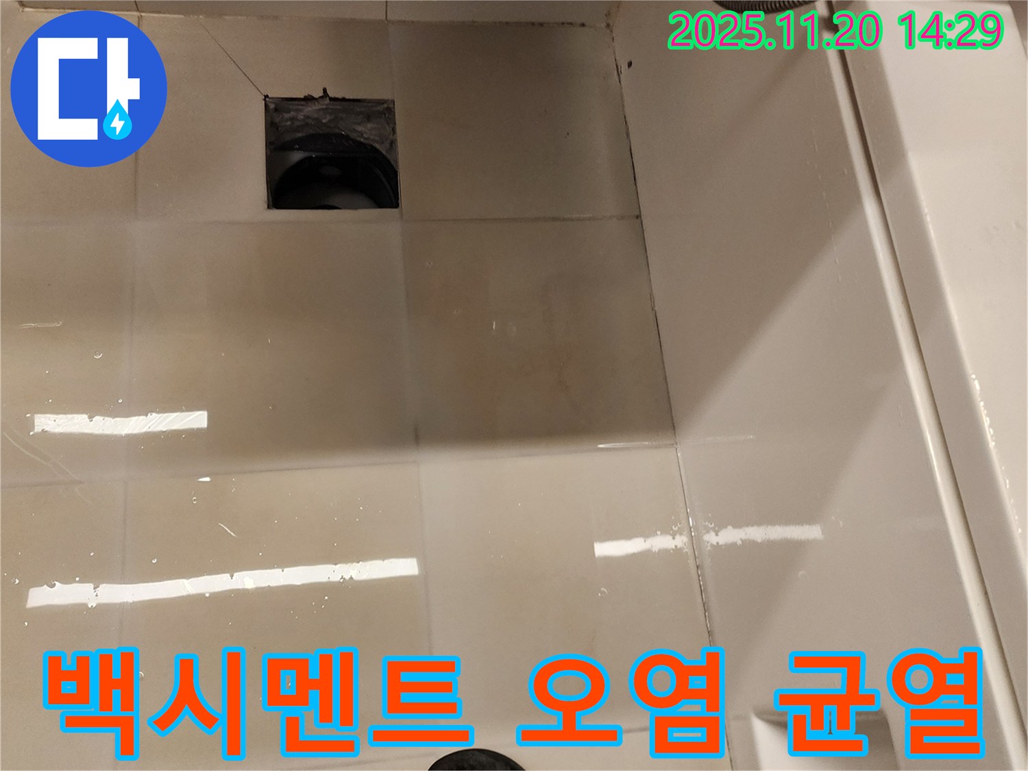 포천 가산 욕실 배수구 누수 - 배수구 주변 타일 틈새 백시멘트 오염 및 균열 상태 점검