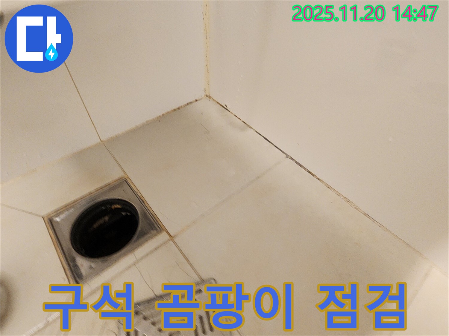 포천 마산리 욕실 구석 - 욕실 구석 타일 곰팡이와 실리콘 손상으로 누수 점검이 필요한 상황입니다.