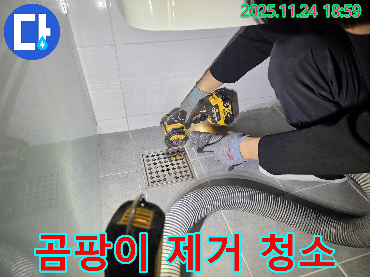 마포구 도화동 욕실 배수구 주변 곰팡이 제거 및 청소 작업 진행 중