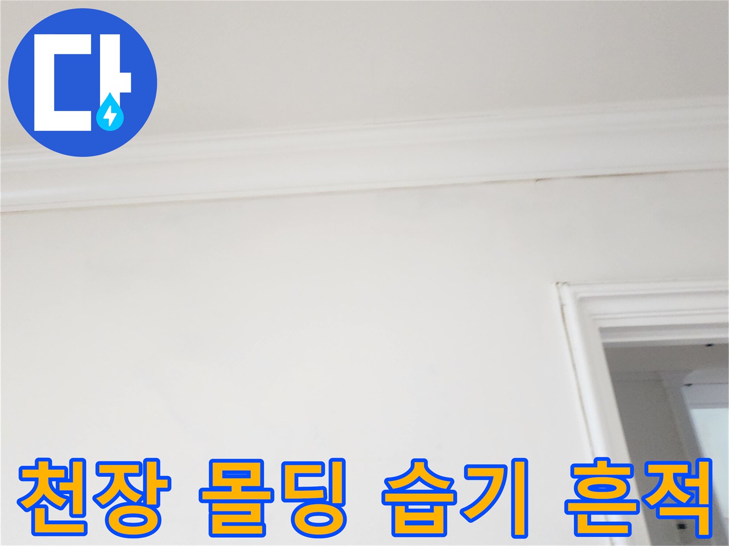 하얀색 천장 몰딩과 벽지 경계면에 나타난 습기 징후 사진입니다.