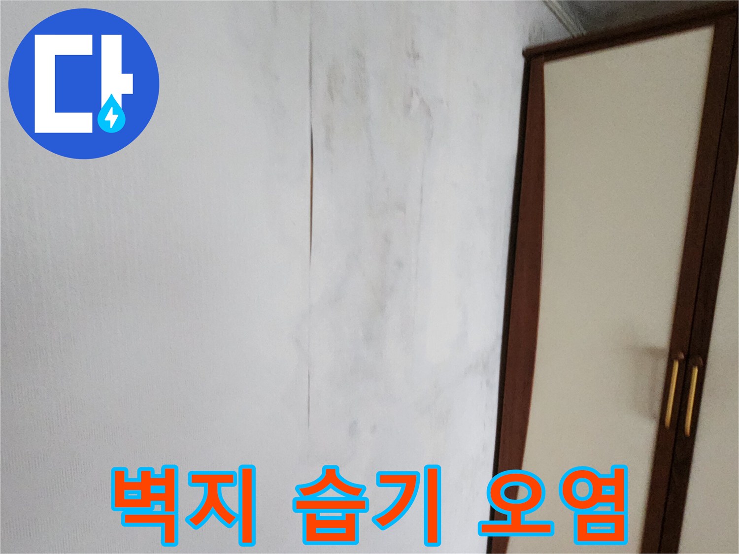 가산면 현장 사진-벽지 상단에 넓게 퍼진 습기 및 변색 흔적